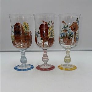 Set of 3 Madeira Hand Painted Glasses Goblets Birdhouses, Birds, Flowers